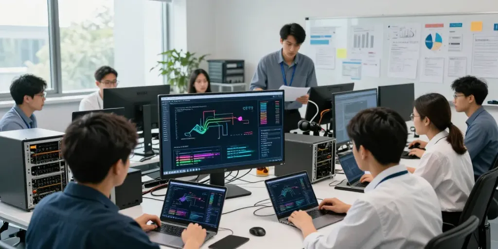 Team collaborating on Enterprise AI solutions in a dynamic research lab environment.