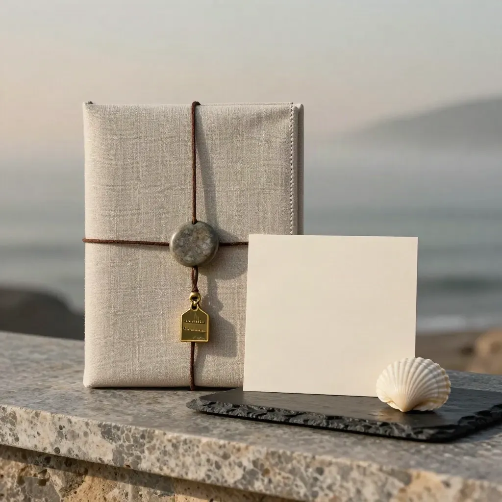 Travel folio, linen key sleeve, shell and brass ferry charm on a stone ledge in dawn sea mist.