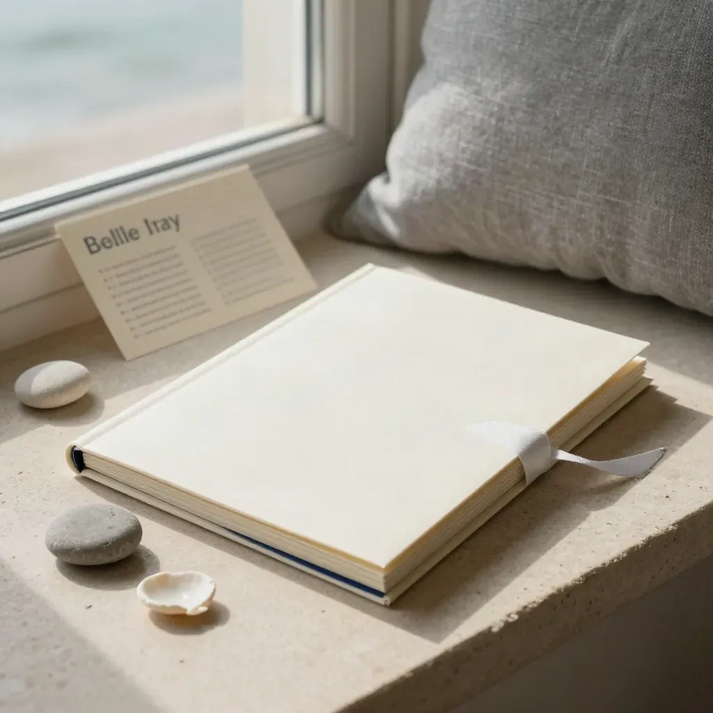 Cream stay folio with ribbon, pebble and shell on a limestone ledge by a hazy seaside window
