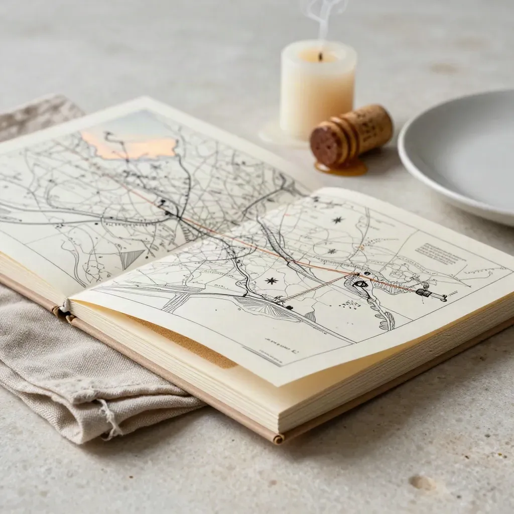 Open travel folio with linen, candle stub, cork and plate edge on pale stone.