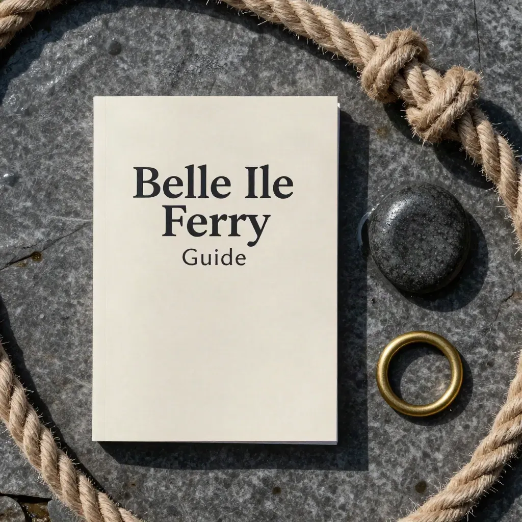 Overhead ferry guide booklet with rope, wet stone chip, and brass dock ring on stone