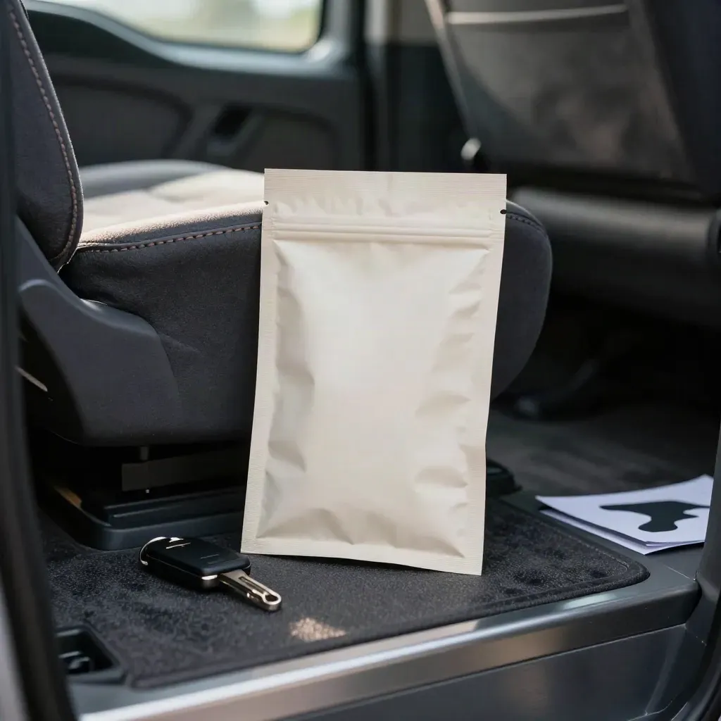 Travel packet beside van seat seam with key fob and folded paper in soft window haze.