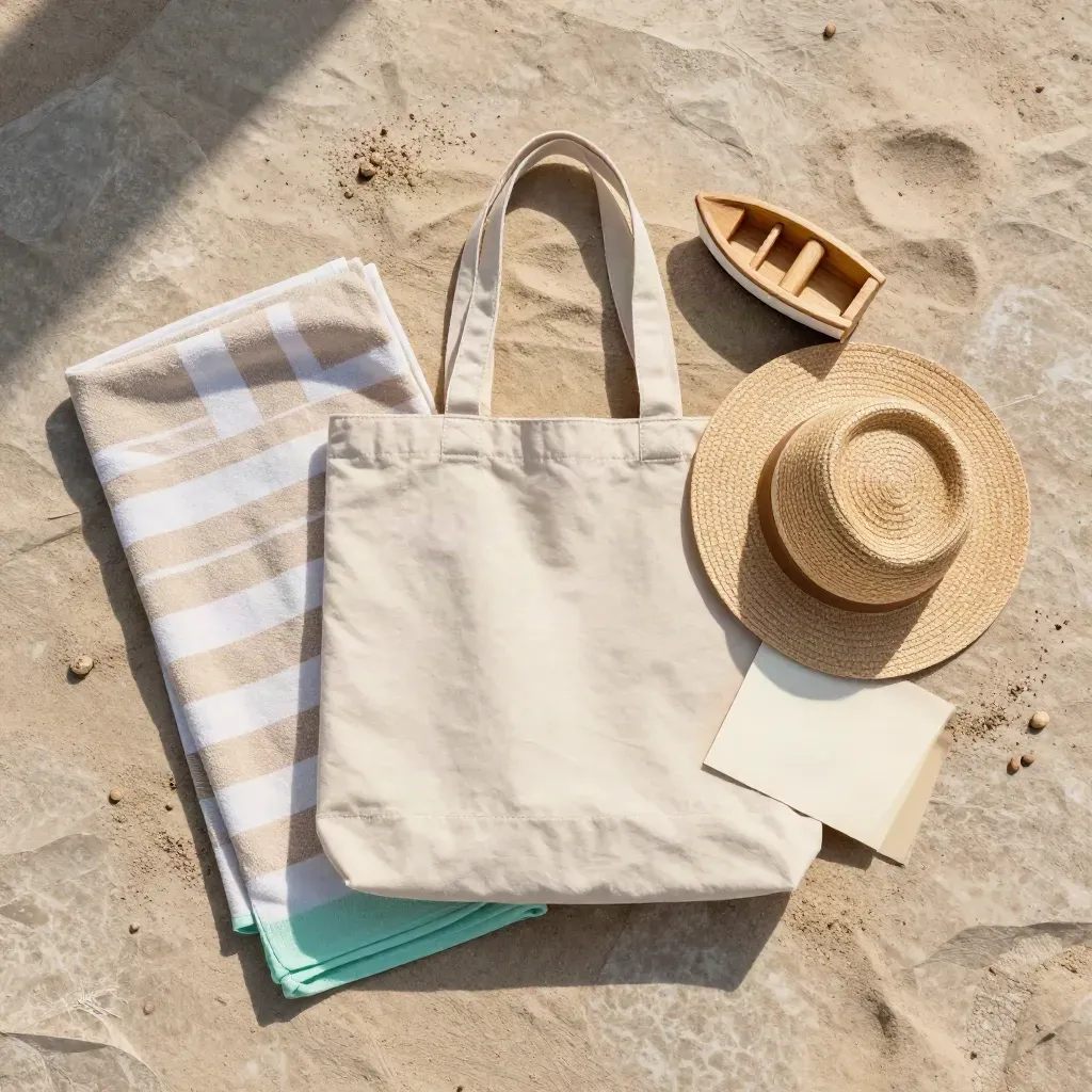 Top-down beach pack flat lay with towel, tote, toy boat and sunhat on sand-dusted stone.