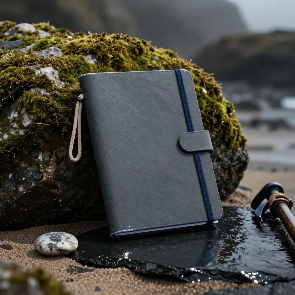Weatherproof route-notes folder against mossy stone on a misty coastal path.