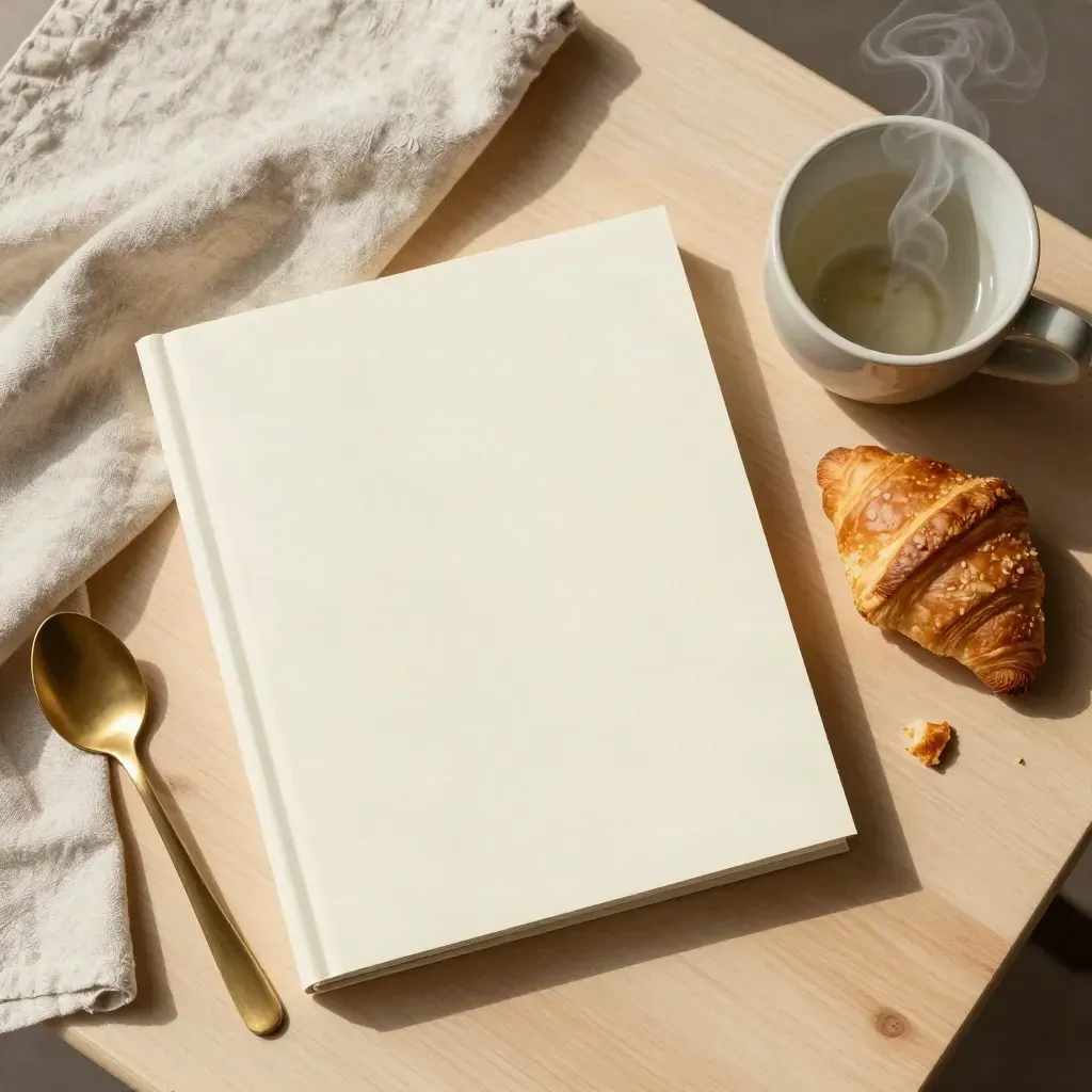 Top-down breakfast flatlay with folio, napkin, cup, spoon, and croissant crumb on pale wood.