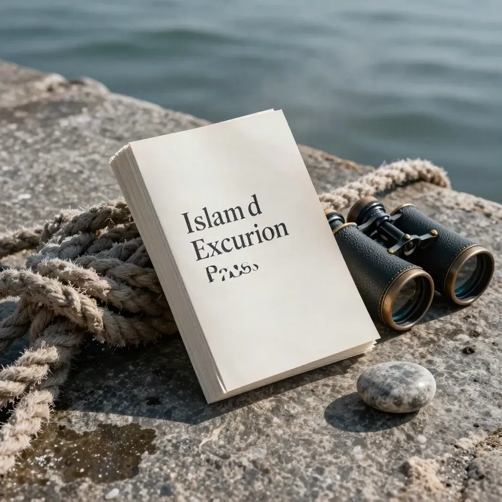 Macro of an excursion pass bundle with rope, binocular case, and pebble on a salty dock