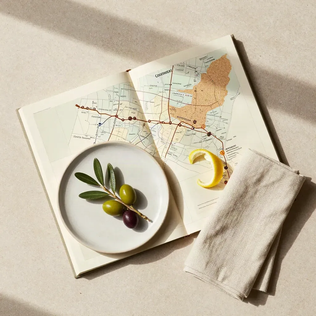 Overhead travel folio with plate, olive branch, lemon peel and folded napkin on pale stone.