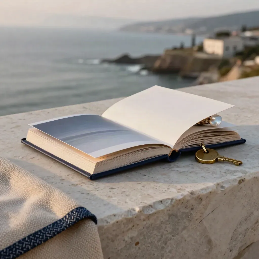 Half-open studio folio on limestone with shell, key disc, and blanket edge in dusk light.