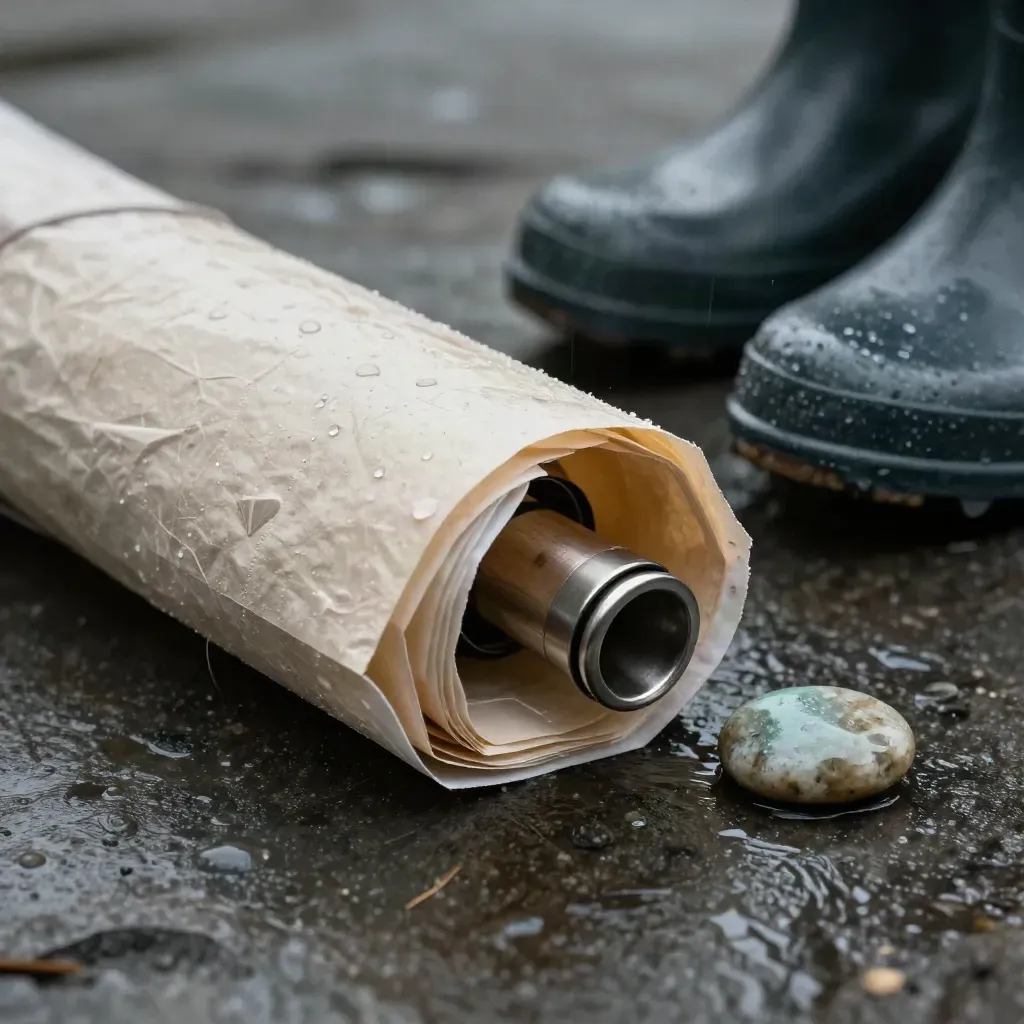 Waxed guide with umbrella ferrule, rain boot toe and pebble after rain