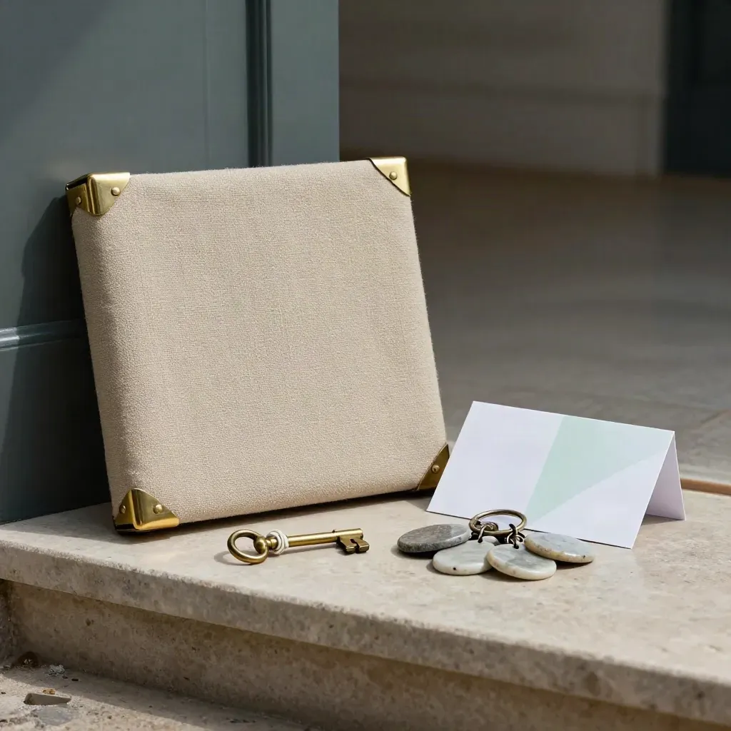Linen travel folio, brass keys and stone door tokens on limestone in a seaside apartment entry.