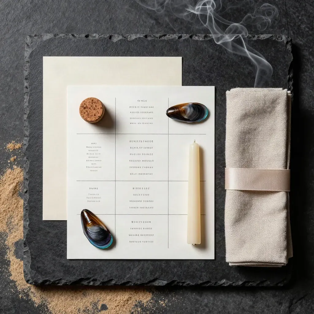 Top-down dinner-list folio with shell, cork, candle stub and linen on dark stone.