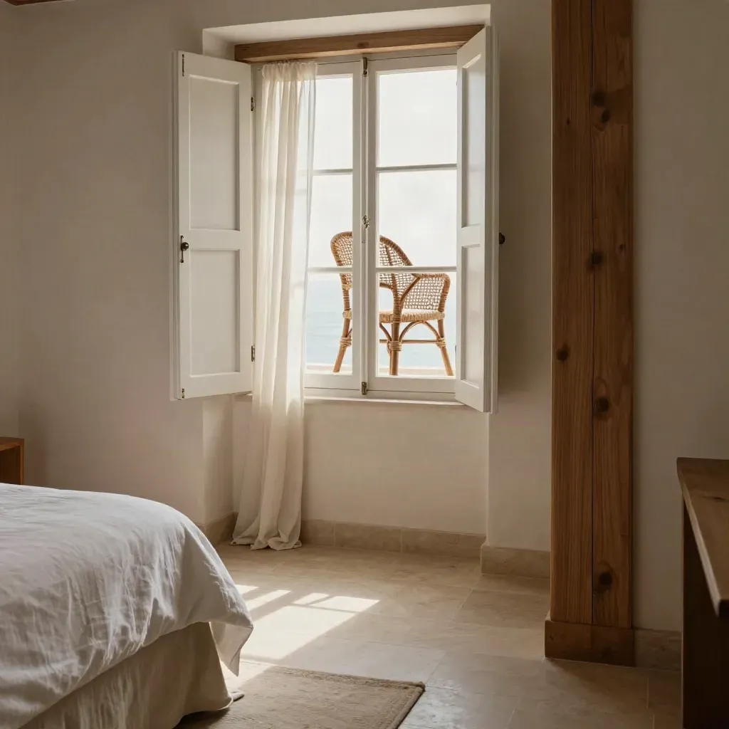 Sunlit coastal guest room with shutters, linen bed, woven chair, and calm copy space