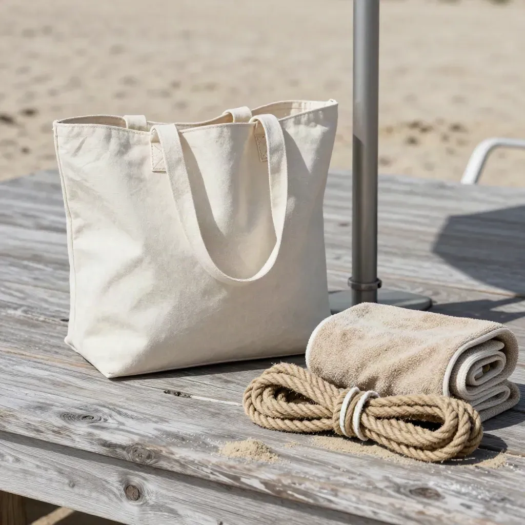 Beach Day Rental Kit tote with shade canvas, chair pole, towel and rope on sun-bleached wood.