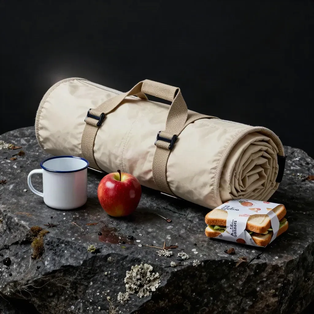 Walker Picnic Pack on a rock ledge with mug, apple, and wrapped sandwich