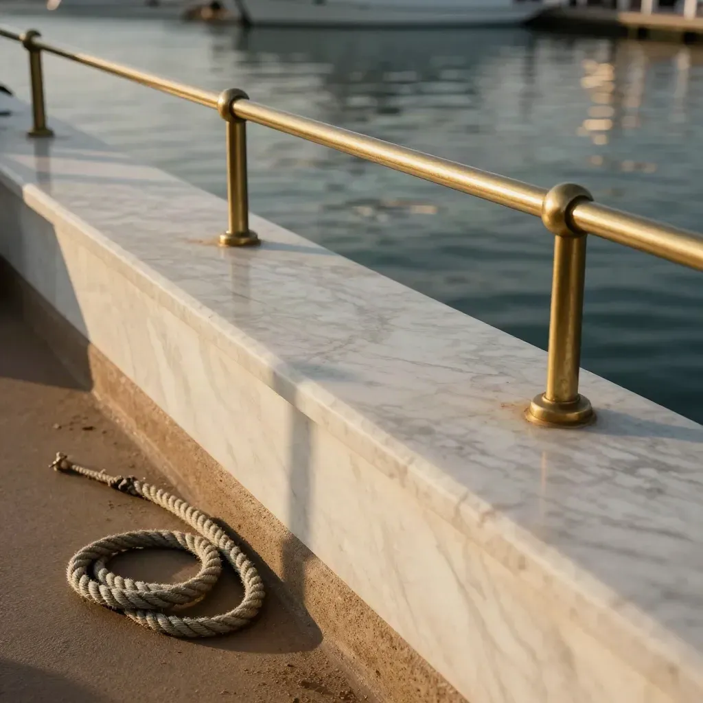 Marble ferry ledge with rope and brass rail above a hazy harbor.
