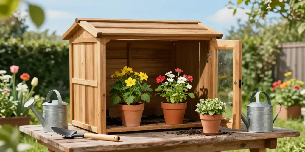 Wooden garden potting sheds with vibrant plants and gardening tools in a serene outdoor setting.